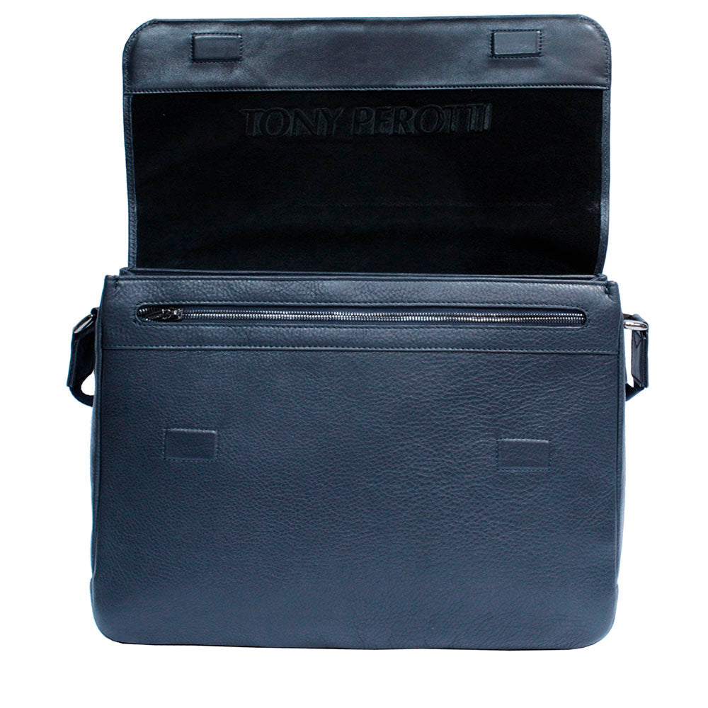 New Contatto 6036 navy with the flap open: two pairs of rectangular magnets and the suede-lined flap embossed TONY PEROTTI