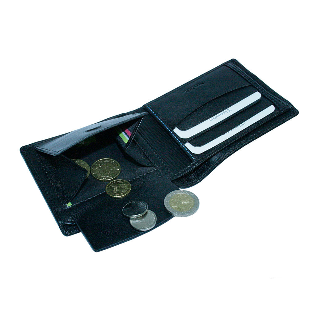 Tony Perotti Timone 11013P black wallet with open coin pocket holding coins and cards in slots