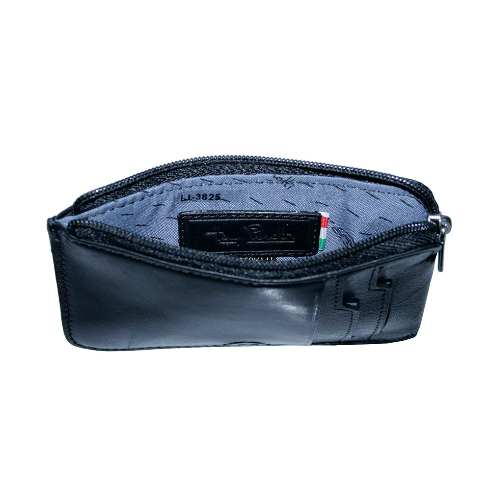 Open zip pocket of the Tony Perotti Nevada 3825+RFID nero card holder with Tony Perotti leather patch and flag ribbon