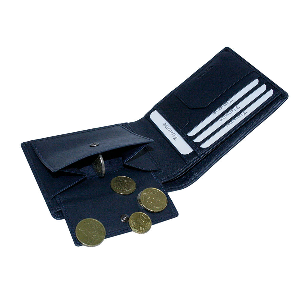 Tony Perotti Timone intrecciato 12013 navy wallet with the snap coin pocket open and coins