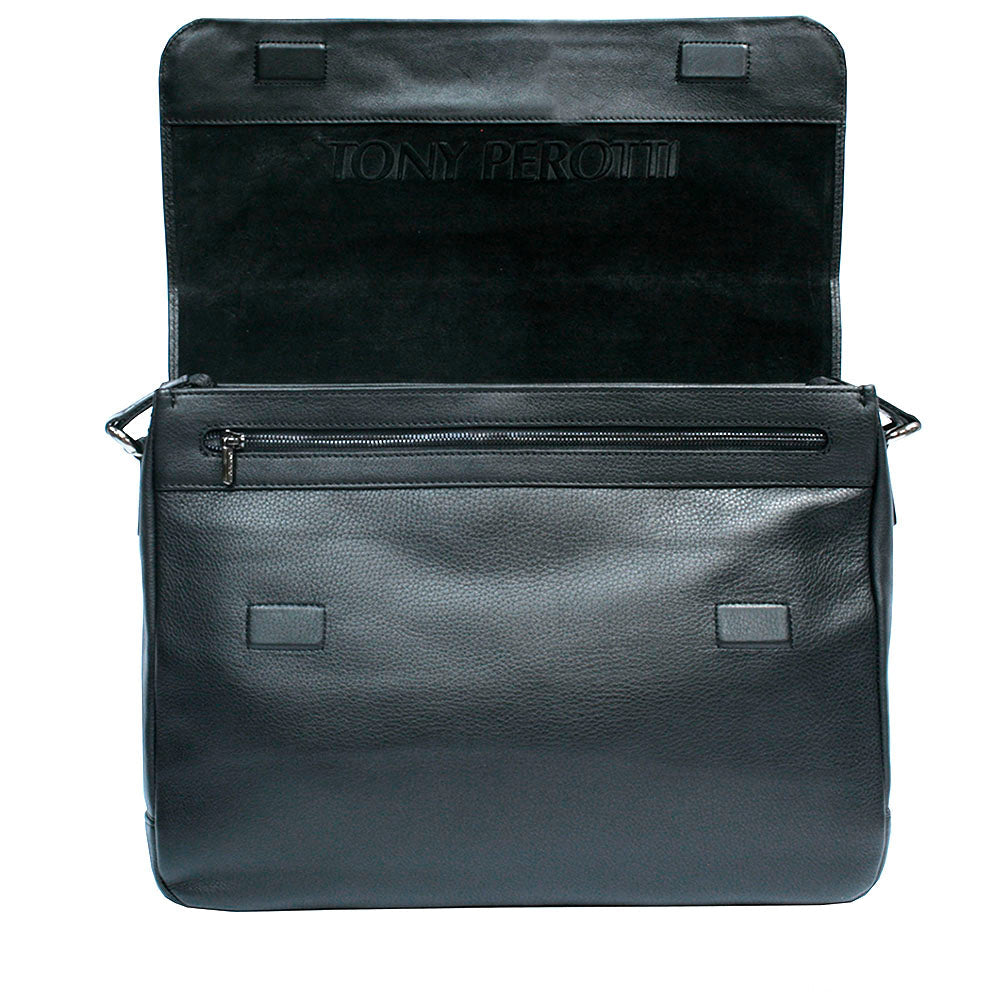 New Contatto 6036 nero with the flap open: two pairs of rectangular magnets and the suede-lined flap embossed TONY PEROTTI