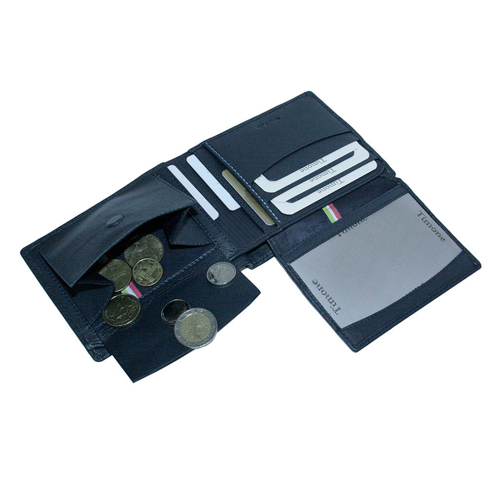 Tony Perotti Timone 11012 navy wallet with open coin pocket, flipped-out ID panel and cards in slots