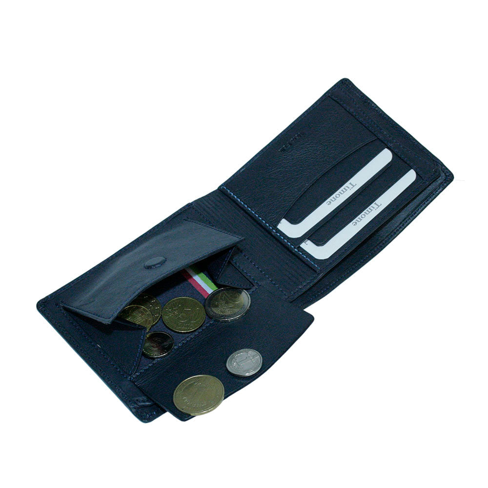 Tony Perotti Timone 11013G navy wallet with open coin pocket holding coins and cards in slots