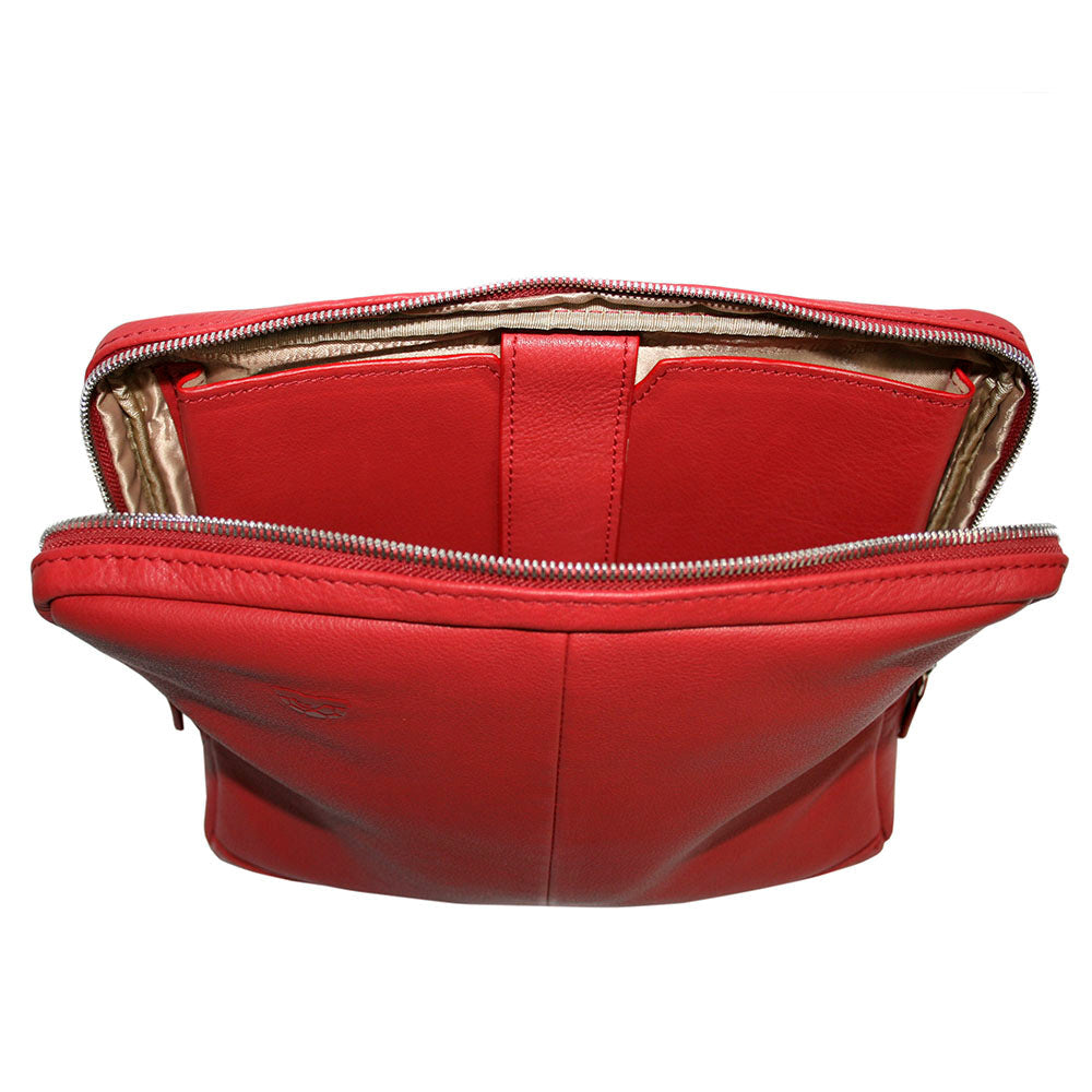 Contatto 9594-28 rosso opened flat: the leather-lined half with the tablet section on a leather tab