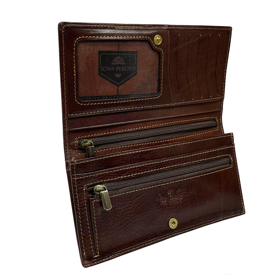 Tony Perotti Italico 2770+RFID moro dark brown leather wallet open and empty — mesh ID window with a branded insert card, five card slots, two zipped pockets and antique brass-tone hardware