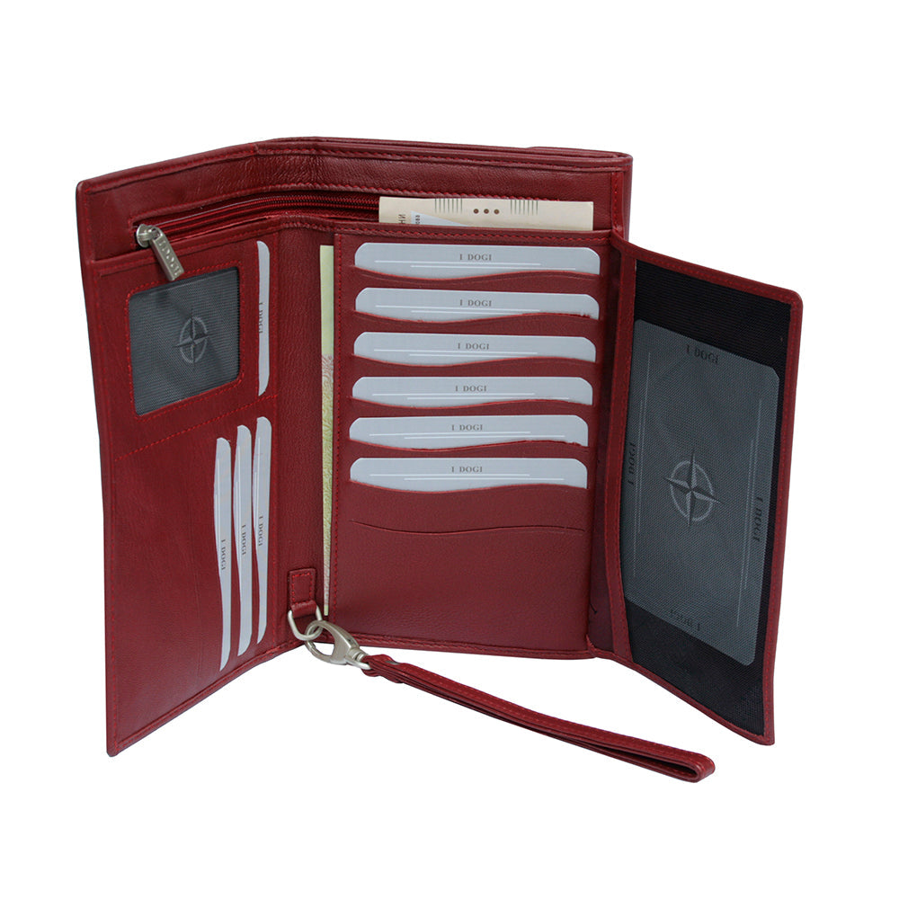 Tony Perotti Cortina 5073 rosso red leather wallet opened wide — card slots across three panels, two mesh ID windows with the compass rose, banknote compartment and the detachable wrist strap