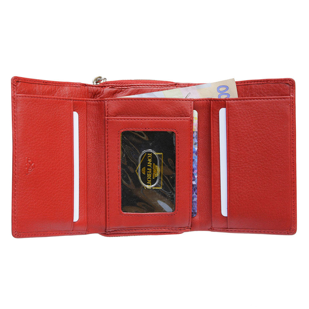 Contatto 3058 rosso open: card slots on both sides, transparent ID window and the banknote compartment