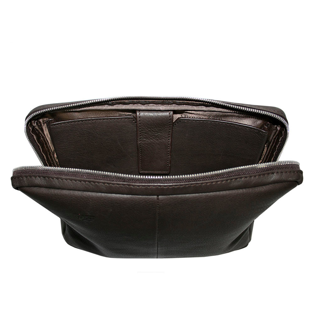 Contatto 9594-28 moro opened flat: the leather-lined half with the tablet section on a leather tab