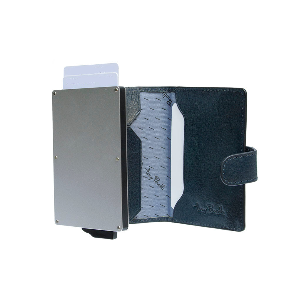 Tony Perotti Nevada 3776 navy opened — metal pop-up case with cards fanned out, leather slots and printed Tony Perotti lining