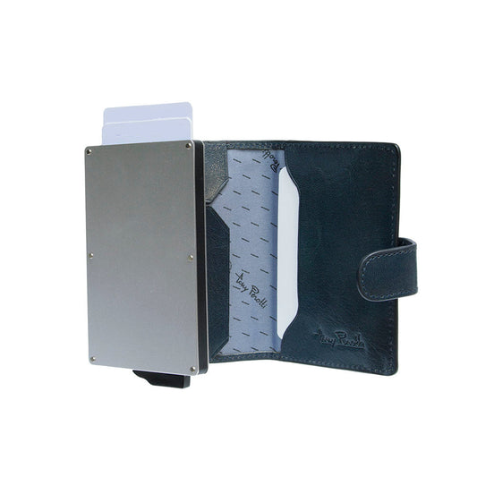 Tony Perotti Nevada 3776 navy opened — metal pop-up case with cards fanned out, leather slots and printed Tony Perotti lining