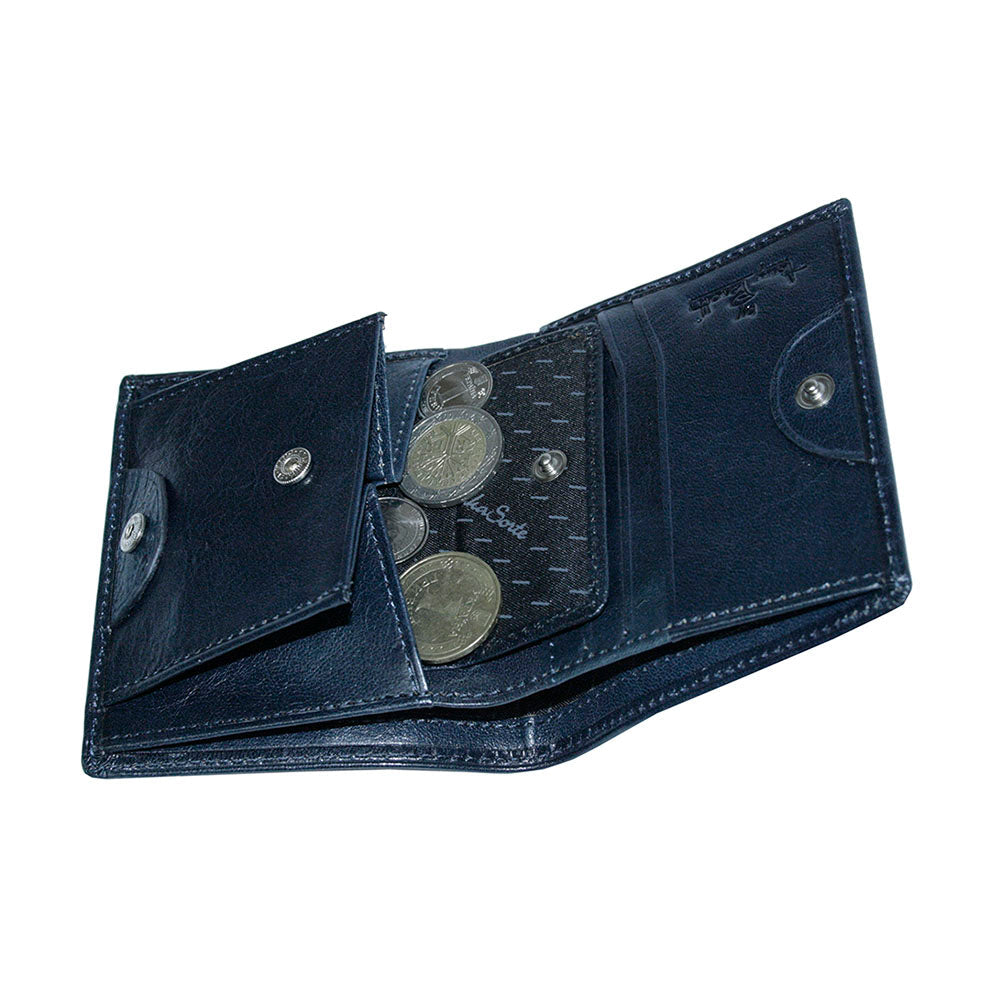 Tony Perotti Viasorte 1165 navy wallet with the snap coin pocket open, holding coins