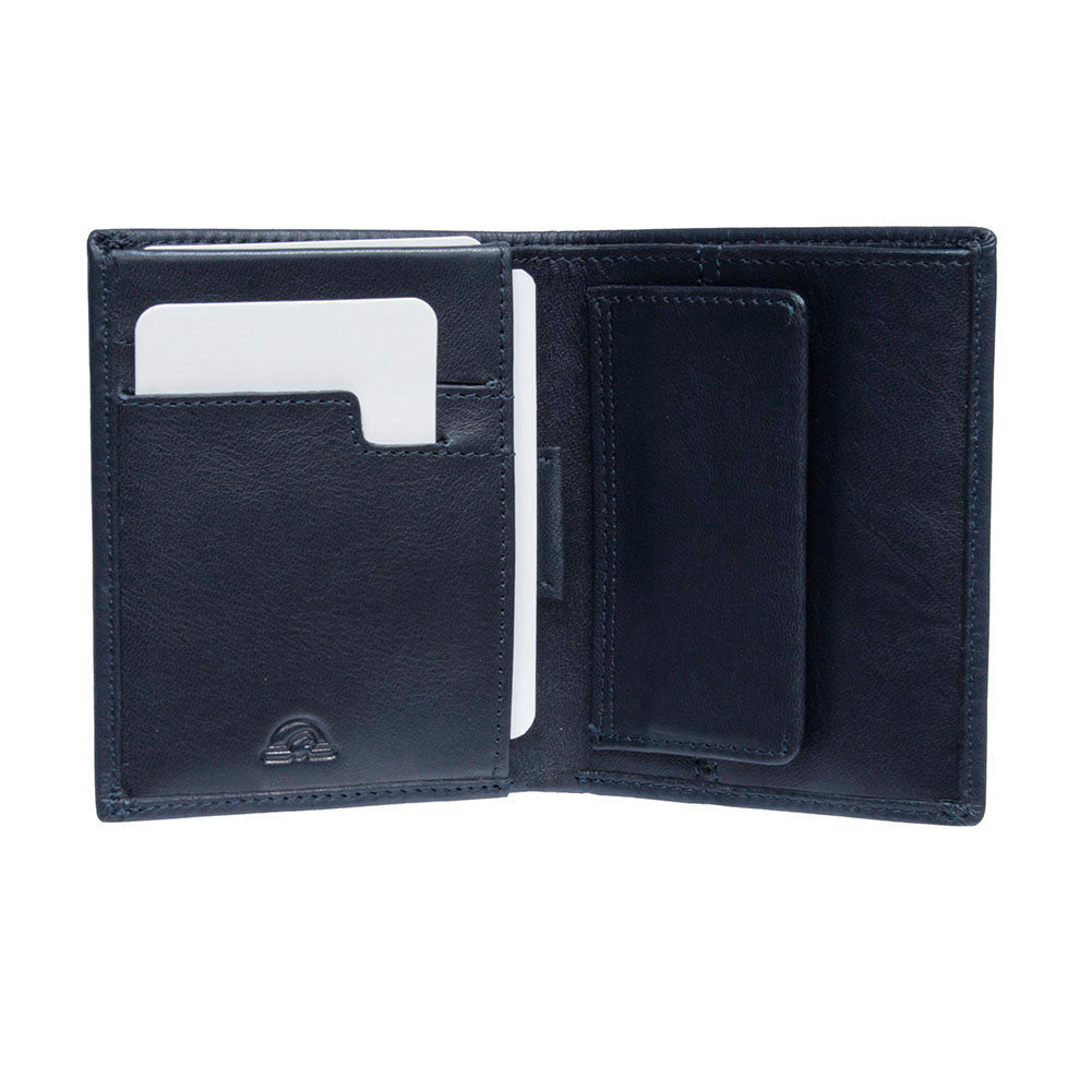 Tony Perotti New Contatto 3504 navy wallet opened with cards in the slots and a vertical side pocket