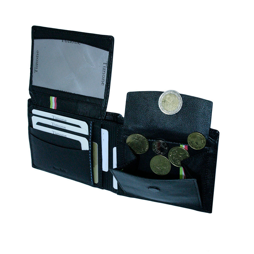 Tony Perotti Timone 11012 black wallet with raised ID flap and open coin pocket holding coins