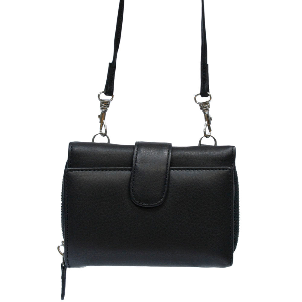 Back of the black Contatto 3058 — grained calf leather and the shoulder strap on its two snap hooks