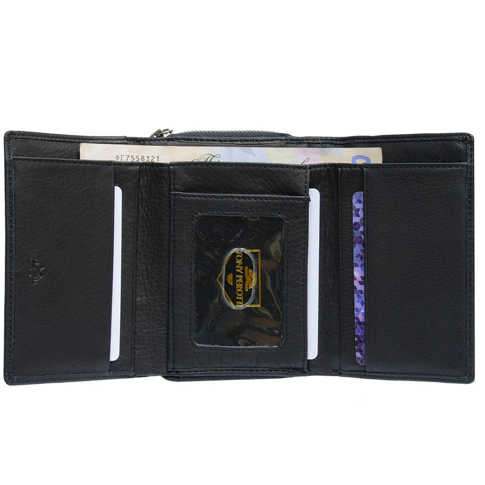 The wallet of the Contatto 3058 unfolded — card slots on both sides, transparent ID window in the middle, banknotes behind and the coin zip above