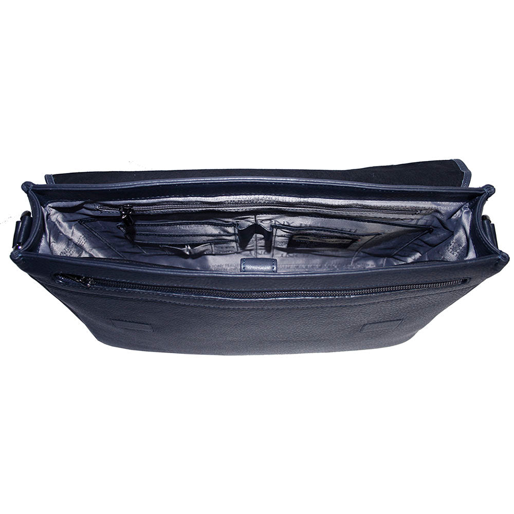 New Contatto 6036 navy inside: branded lining, zip pocket, card slots, pen holders and the leather tab of the laptop section