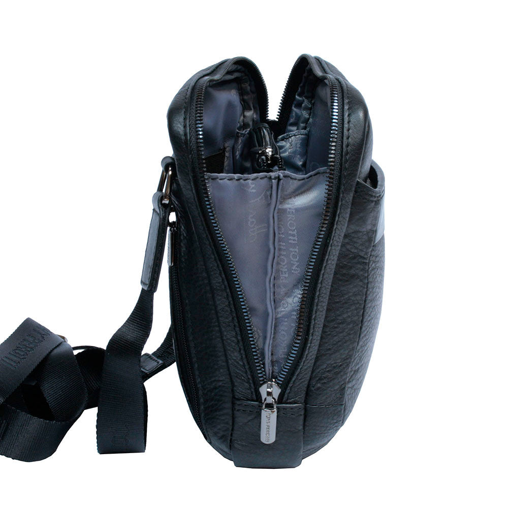 New Contatto 9984-17 nero open: the main compartment divided by a small zip section, with the branded lining