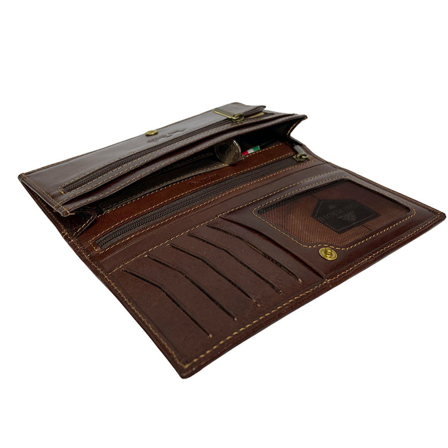 Tony Perotti Italico 2770+RFID moro dark brown leather wallet opened out flat — five card slots, mesh ID window, zipped pocket and embossed Tony Perotti signature