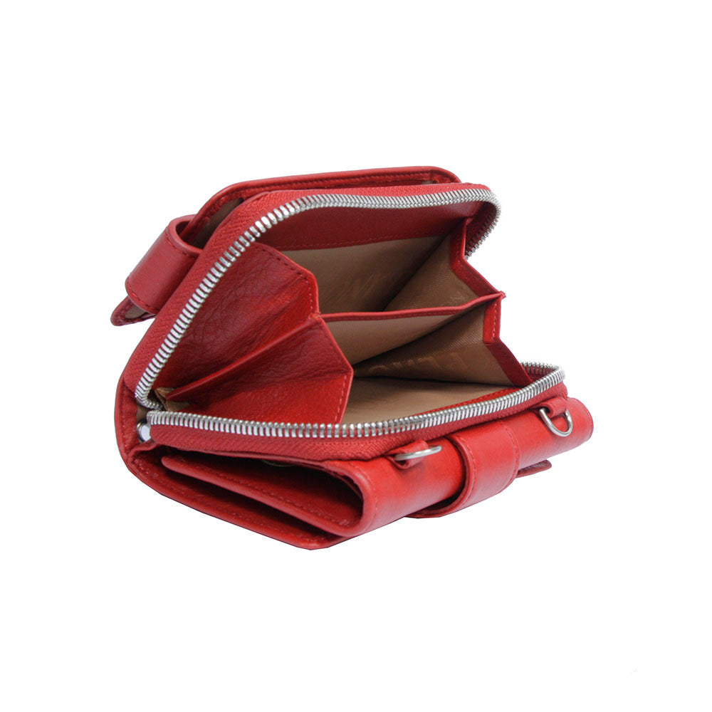 Contatto 3058 rosso with the coin section unzipped: gusseted compartment with a light lining