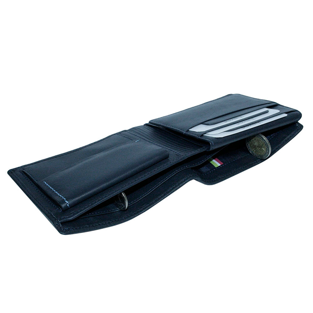 Tony Perotti Timone 11012 navy wallet, side view into the bill compartment with tricolour ribbon