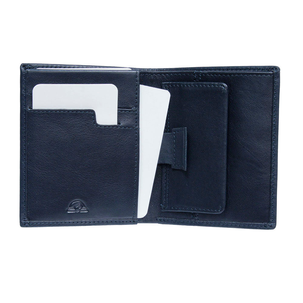 Tony Perotti New Contatto 3504 navy wallet — card pulled out of the hidden pocket by its leather tab