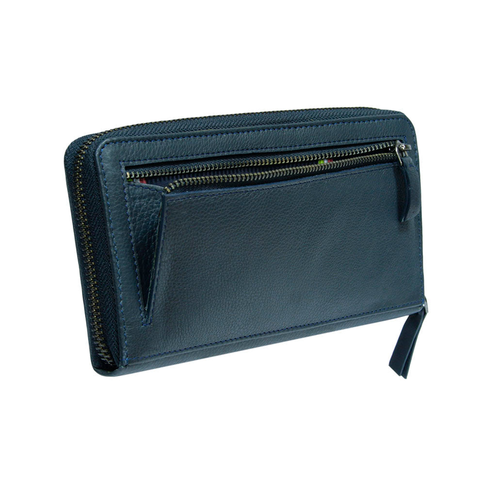 Tony Perotti Timone 11059 navy wallet with back zip pocket open, three-quarter view