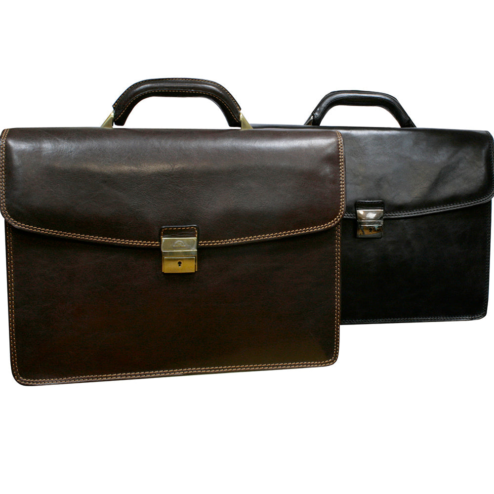 Tony Perotti Italico 8009 in both colourways side by side — dark brown with antique brass hardware and black with silver hardware