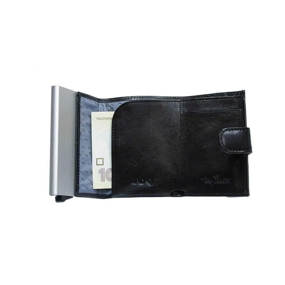 Tony Perotti Nevada 3768 nero — fully open: lined banknote compartment and embossed RFID mark