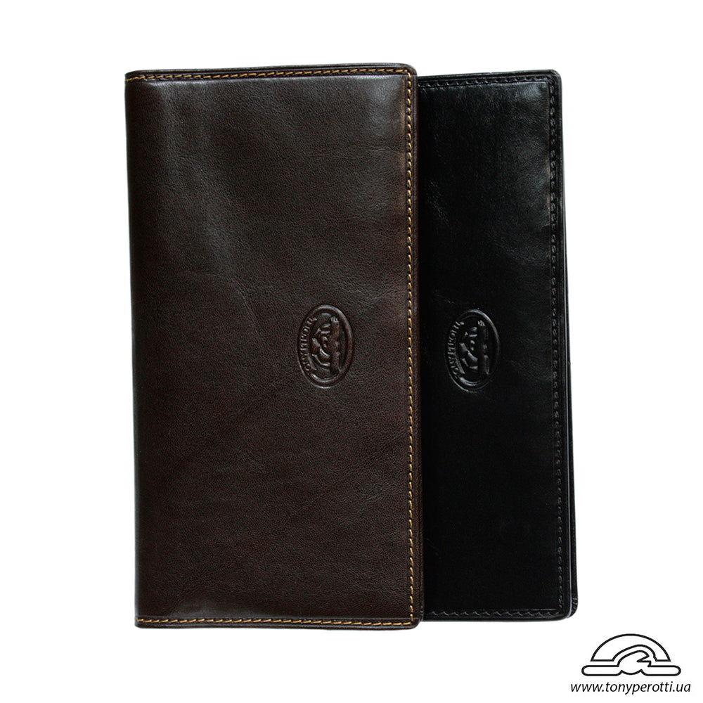 Tony Perotti Italico 1696 coat wallets in dark brown and black side by side, each with the embossed turtle emblem