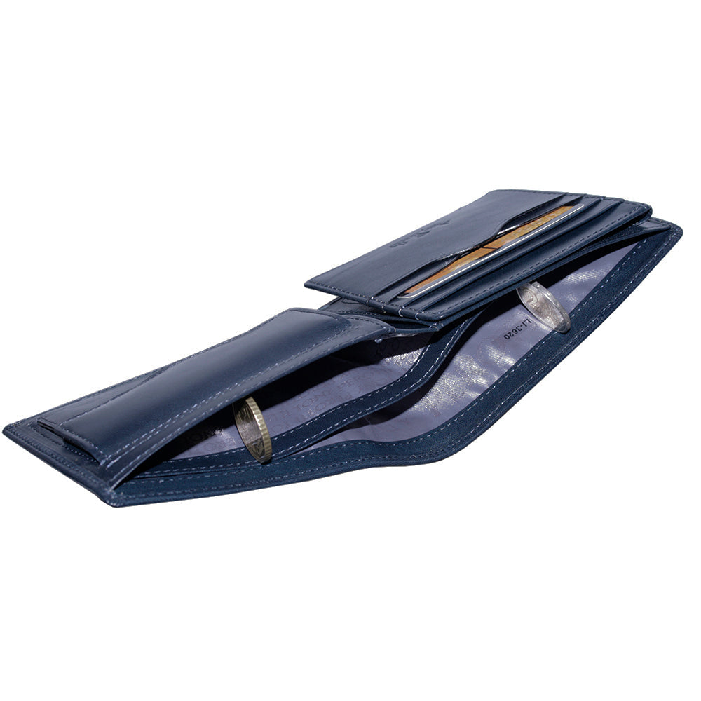 Navy blue leather bifold wallet Tony Perotti Italico 3620 navy — two bill compartments with logo fabric lining