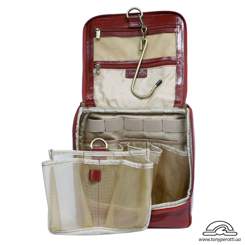 Tony Perotti Italico 8220 rosso toiletry bag open with the large removable hook extended