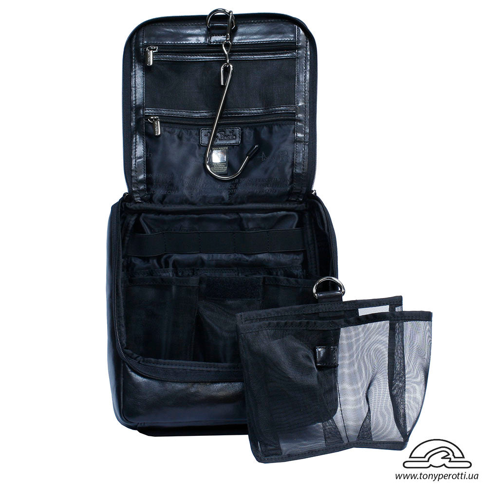 Tony Perotti Italico 8220 nero toiletry bag open with the large removable hook extended