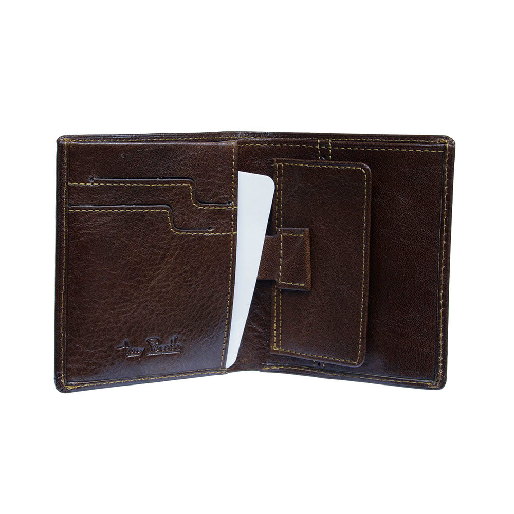 Tony Perotti Nevada 3504 moro wallet opened with a card raised beside the leather pull tab