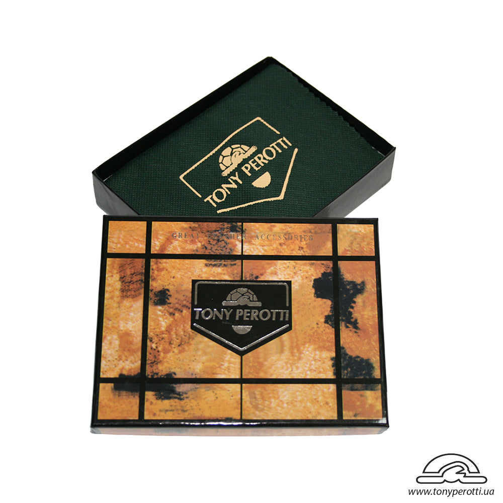 Printed Tony Perotti gift box with a dark green lining inside the lid