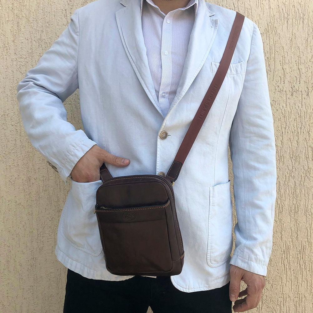 How the Tony Perotti Italico 9984 is worn across the chest — shown here in the dark brown version of the same model