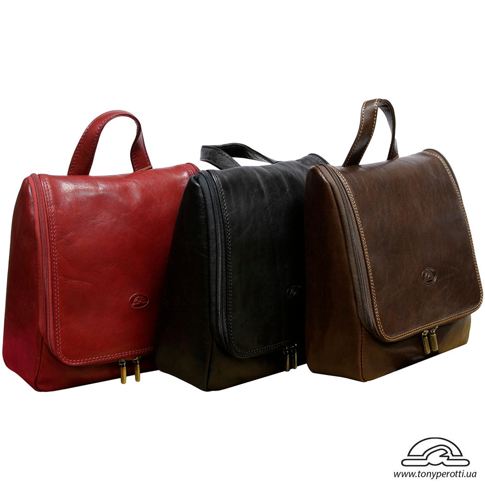 Tony Perotti Italico 8220 leather toiletry bag shown in red, black and brown