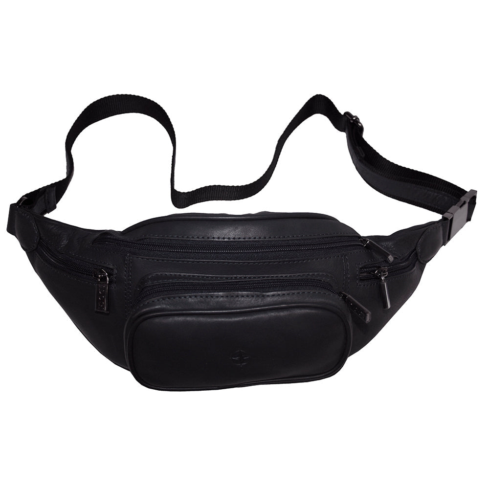 Tony Perotti Cortina 6000 nero black leather belt bag, front view with the rounded phone pocket and embossed compass rose