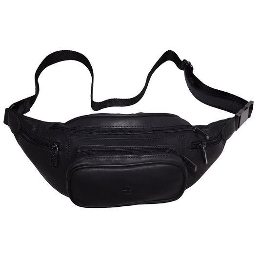 Tony Perotti Cortina 6000 nero black leather belt bag, front view with the rounded phone pocket and embossed compass rose