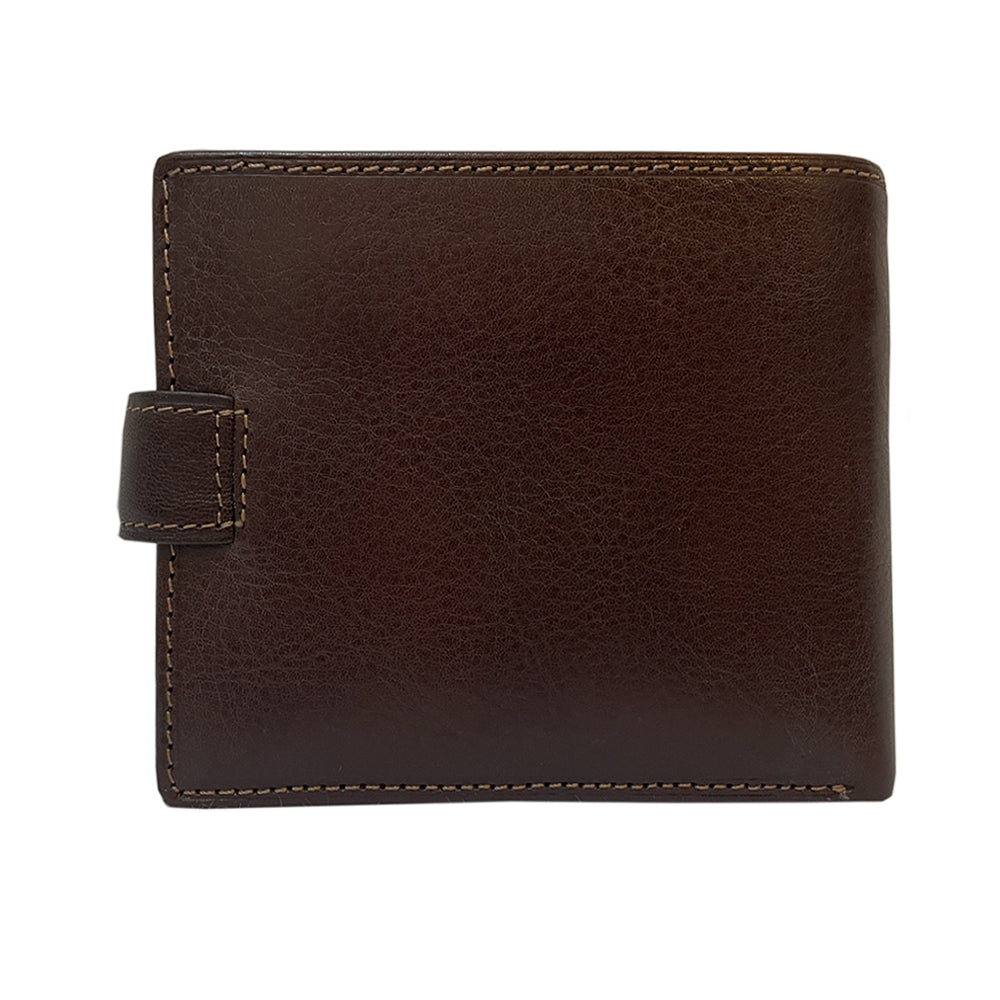 Back of dark brown leather wallet Tony Perotti Italico 3341A-Q moro with snap tab and beige stitching