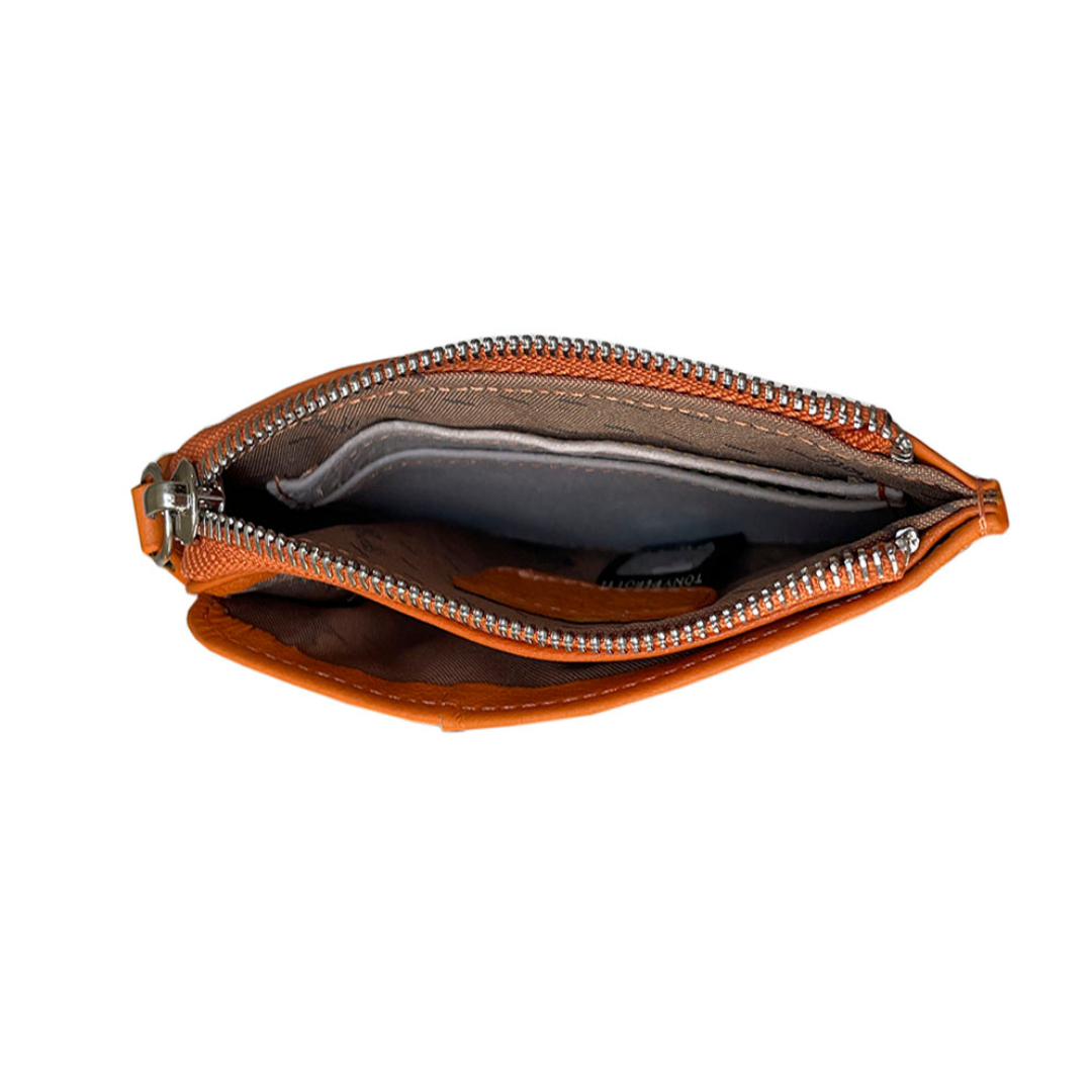 Open Tony Perotti orange card holder showing zip compartment and interior sections