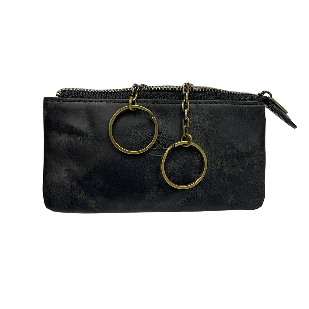 Tony Perotti Arno 3350 nero black leather key case — front with the embossed turtle emblem and two antique brass key rings on chains