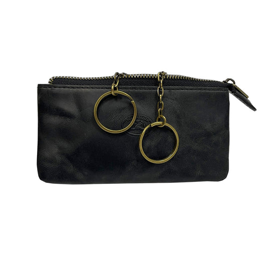 Tony Perotti Arno 3350 nero black leather key case — front with the embossed turtle emblem and two antique brass key rings on chains
