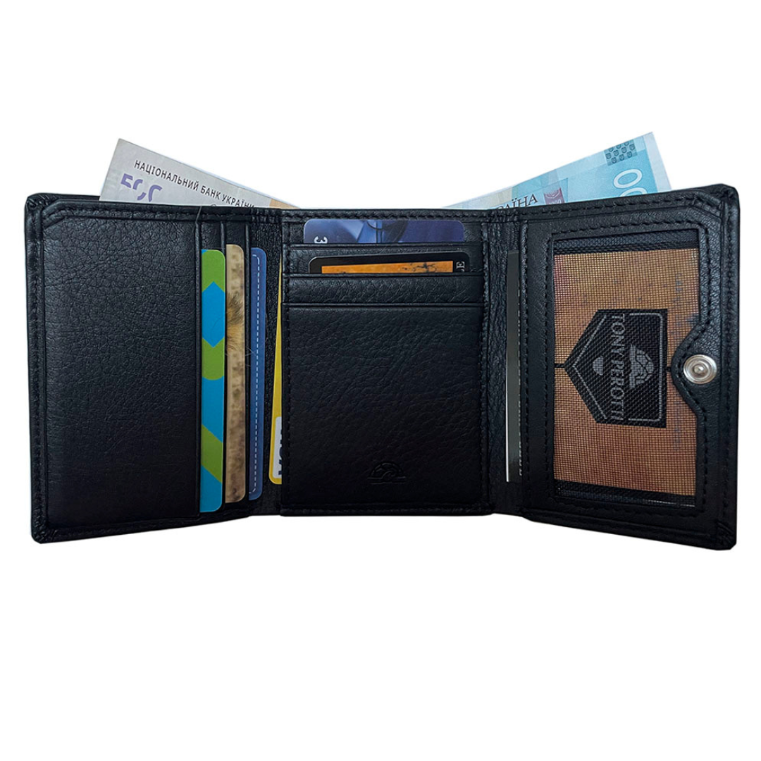 Tony Perotti Contatto 1527D black trifold wallet — embossed turtle logo inside