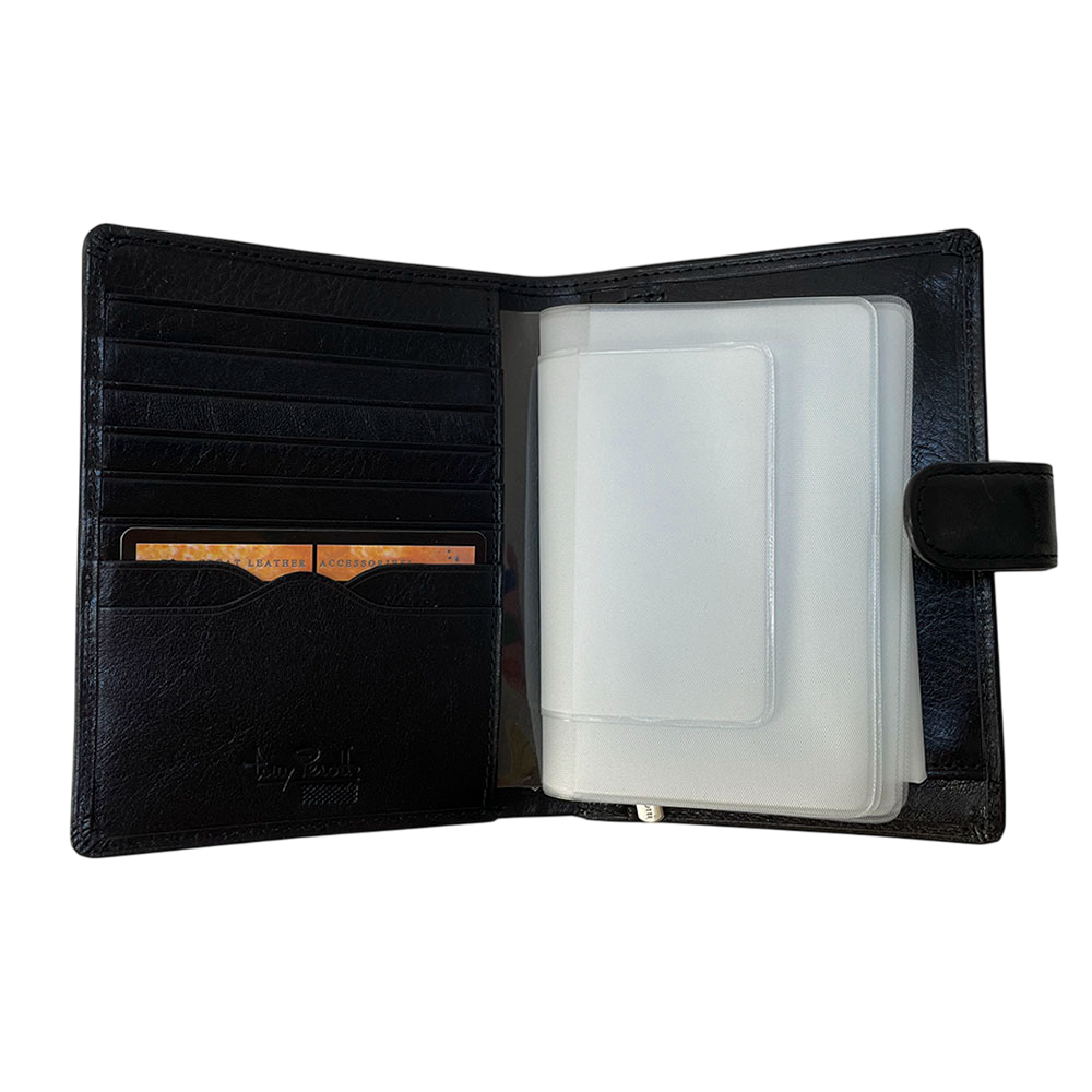 Black passport wallet Tony Perotti Italico 3274A nero opened flat — six card slots on the left, removable booklet of frosted clear inserts in a transparent sleeve on the right