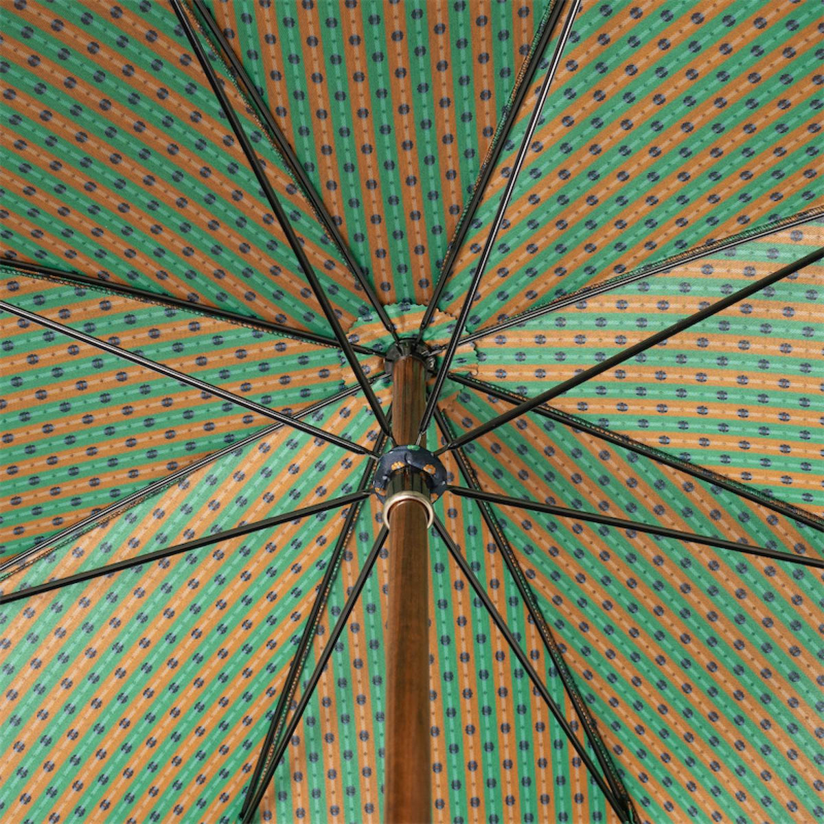 Underside of the canopy: green and amber stripes, eight ribs and maple shaft