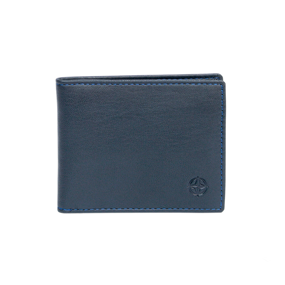 Tony Perotti Cortina 5044 navy — the navy leather business card holder closed, with the embossed compass rose and blue edge stitching
