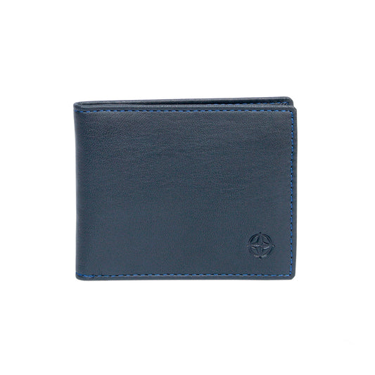 Tony Perotti Cortina 5044 navy — the navy leather business card holder closed, with the embossed compass rose and blue edge stitching