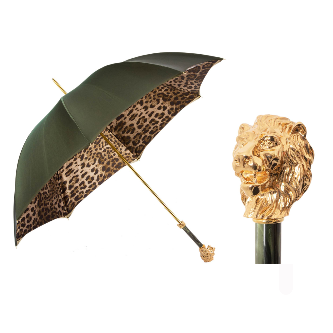 Pasotti women's green umbrella with leopard print inside and gold-tone lion handle, open — 189 90115-5 W37PV