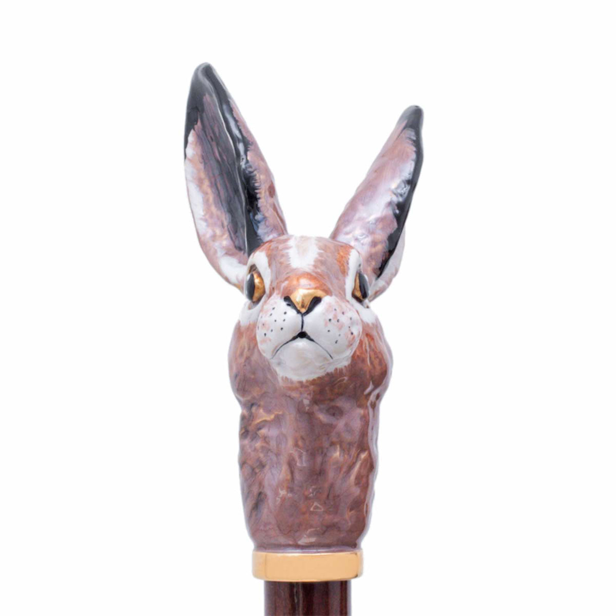Enameled hare head from the front with long dark-tipped ears