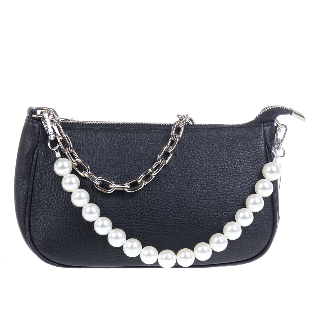 Tony Perotti Borsa CA045-02BK nero black leather handbag — front view with the pearl handle and the silver chain on the side rings